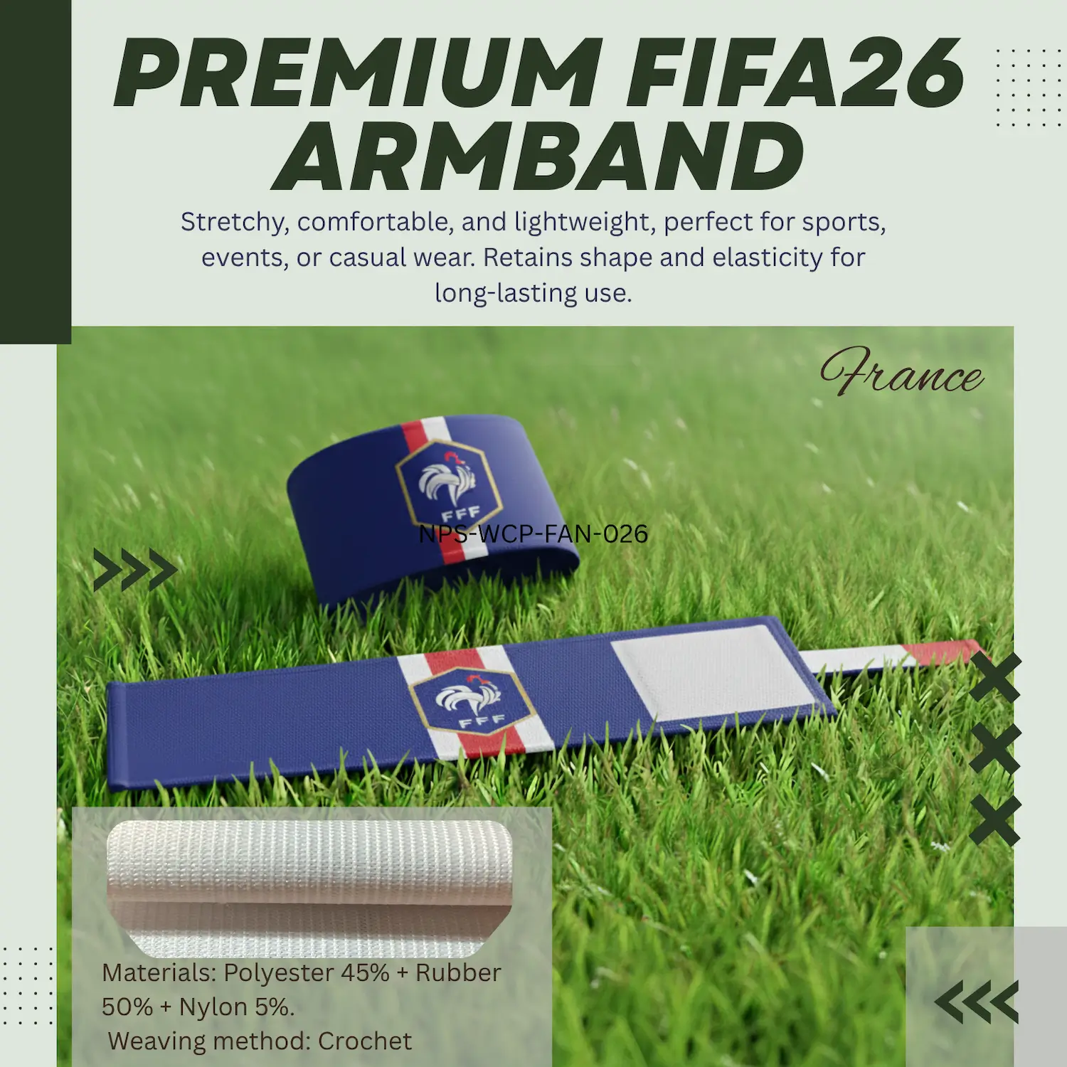 France national team crochet woven stretch armband 6.5x35CM sports captain armband