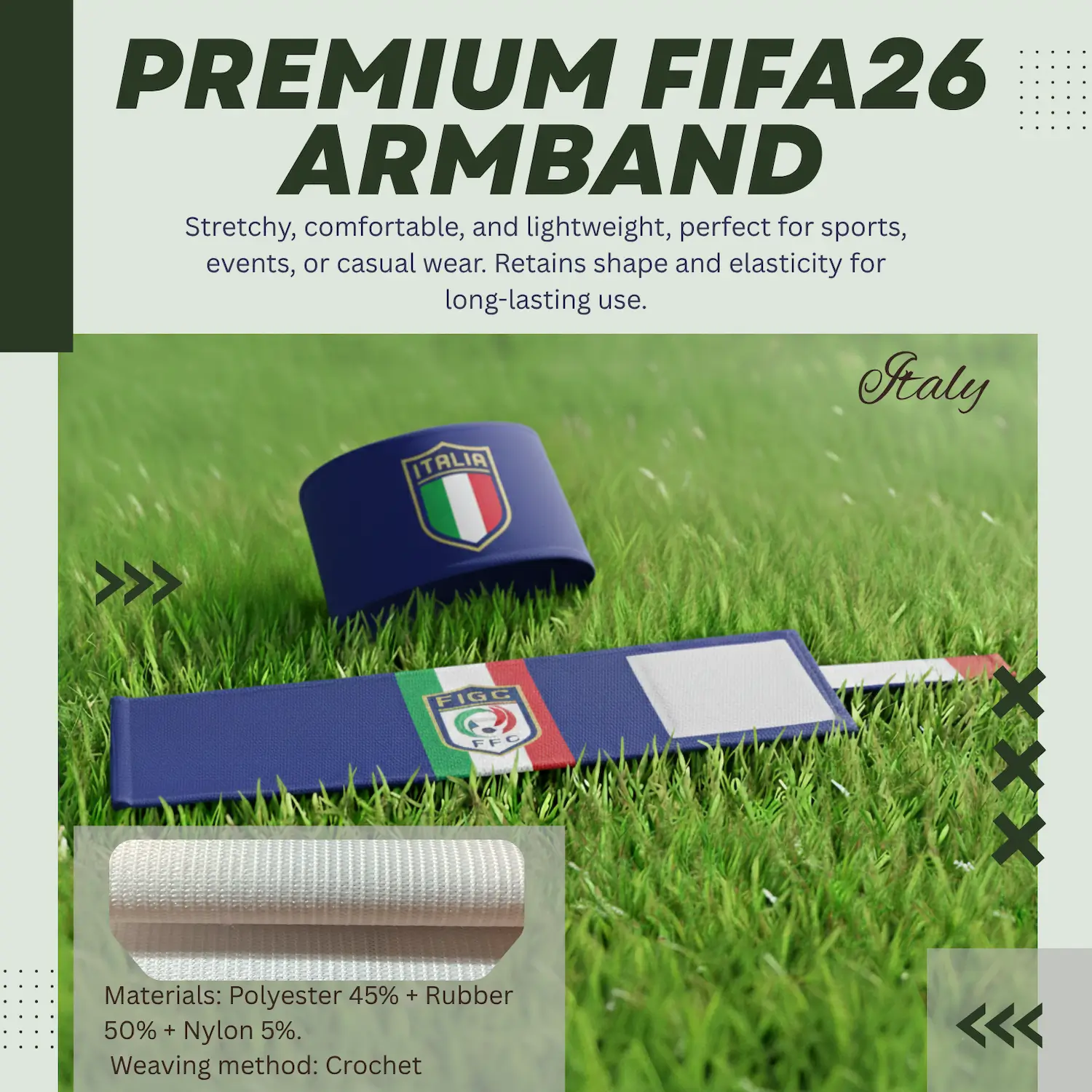 Italy national team crochet woven stretch armband 6.5x35CM sports captain armband