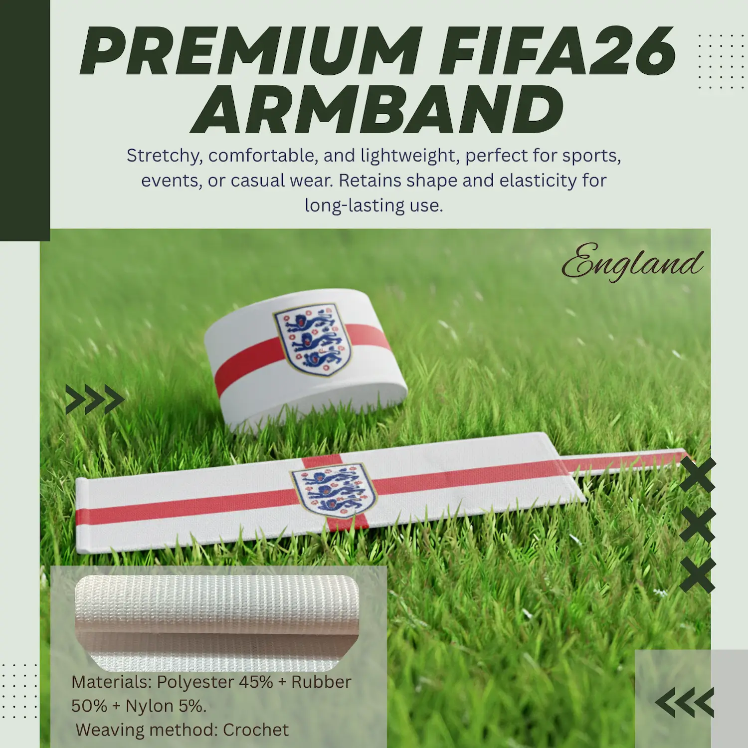 England national team crochet woven stretch armband 6.5x35CM sports captain armband