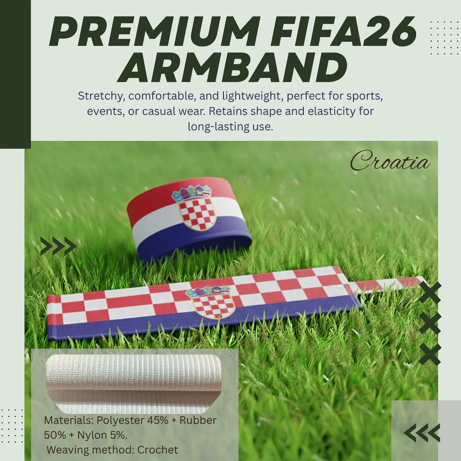 Croatia national team crochet woven stretch armband 6.5x35CM sports captain armband