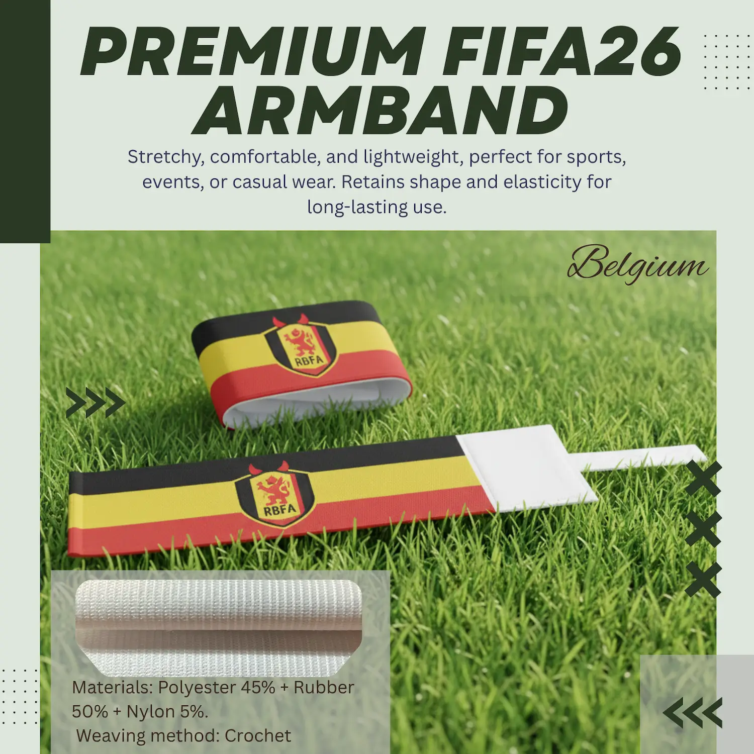 Belgium national team crochet woven stretch armband 6.5x35CM sports captain armband