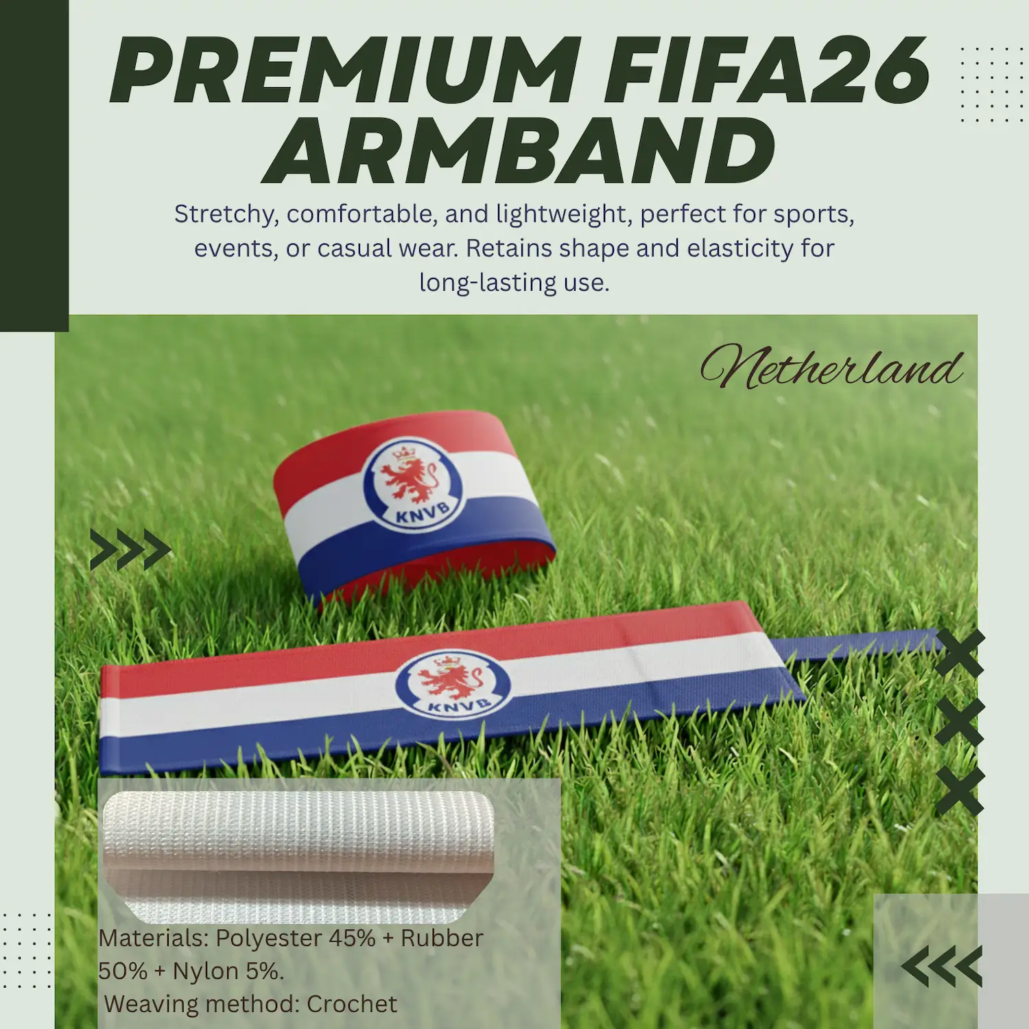 Netherlands national team crochet woven stretch armband 6.5x35CM sports captain armband