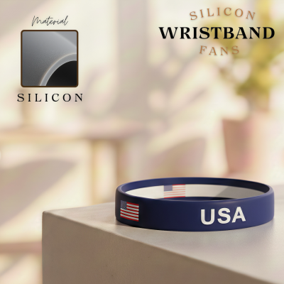 FIFA World Cup USA silicone wristband, navy blue rubber bracelet with American flag and text