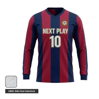 Custom full sublimation long sleeve soccer jersey laid flat, showcasing vibrant edge-to-edge design on premium 180gsm milk silk fabric