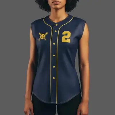 Female athlete wearing a custom sublimated full-button sleeveless baseball tank jersey, highlighting flattering tailored fit, ventilation, and team-ready performance