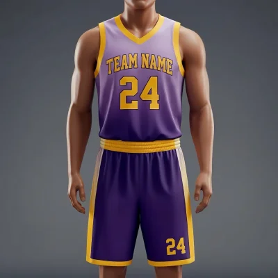 Model Wearing Custom V-Neck Basketball Uniform Kit - 160G Butterfly Mesh, Breathable Performance Apparel, Sublimated Team Design