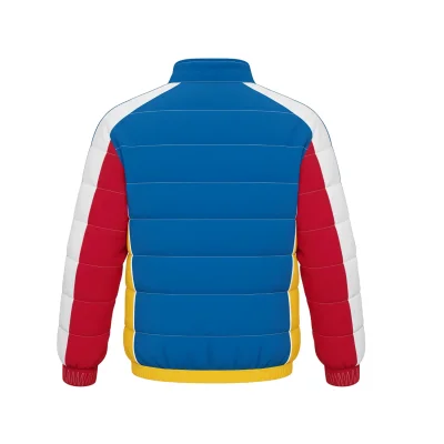 Back view of baseball puffer jacket full button windbreaker outer down cotton inner lining