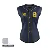 A women's full-button sleeveless baseball tank jersey, custom sublimated with team graphics, tailored for a female athletic fit.