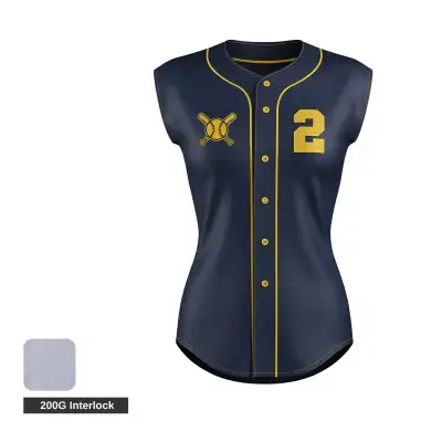 A women's full-button sleeveless baseball tank jersey, custom sublimated with team graphics, tailored for a female athletic fit.
