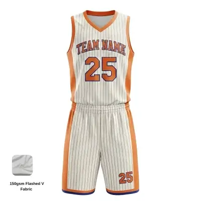 Custom full sublimation printed v-neck basketball uniform kit laid flat, showcasing vibrant design on butterfly mesh fabric with matching jersey and shorts