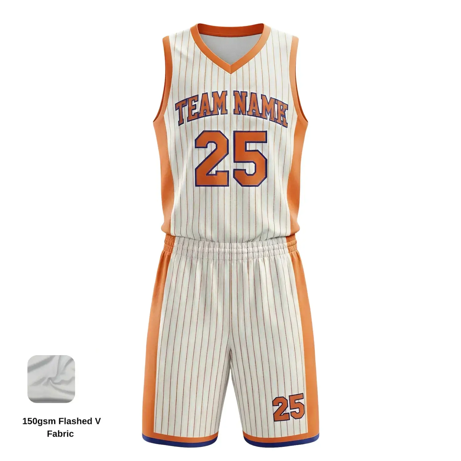 Custom full sublimation printed v-neck basketball uniform kit laid flat, showcasing vibrant design on butterfly mesh fabric with matching jersey and shorts