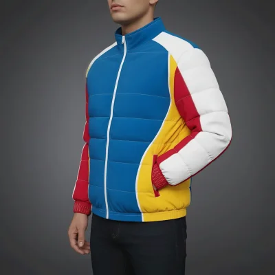 Male model wearing baseball puffer jacket full button dual closure windproof insulated team wear