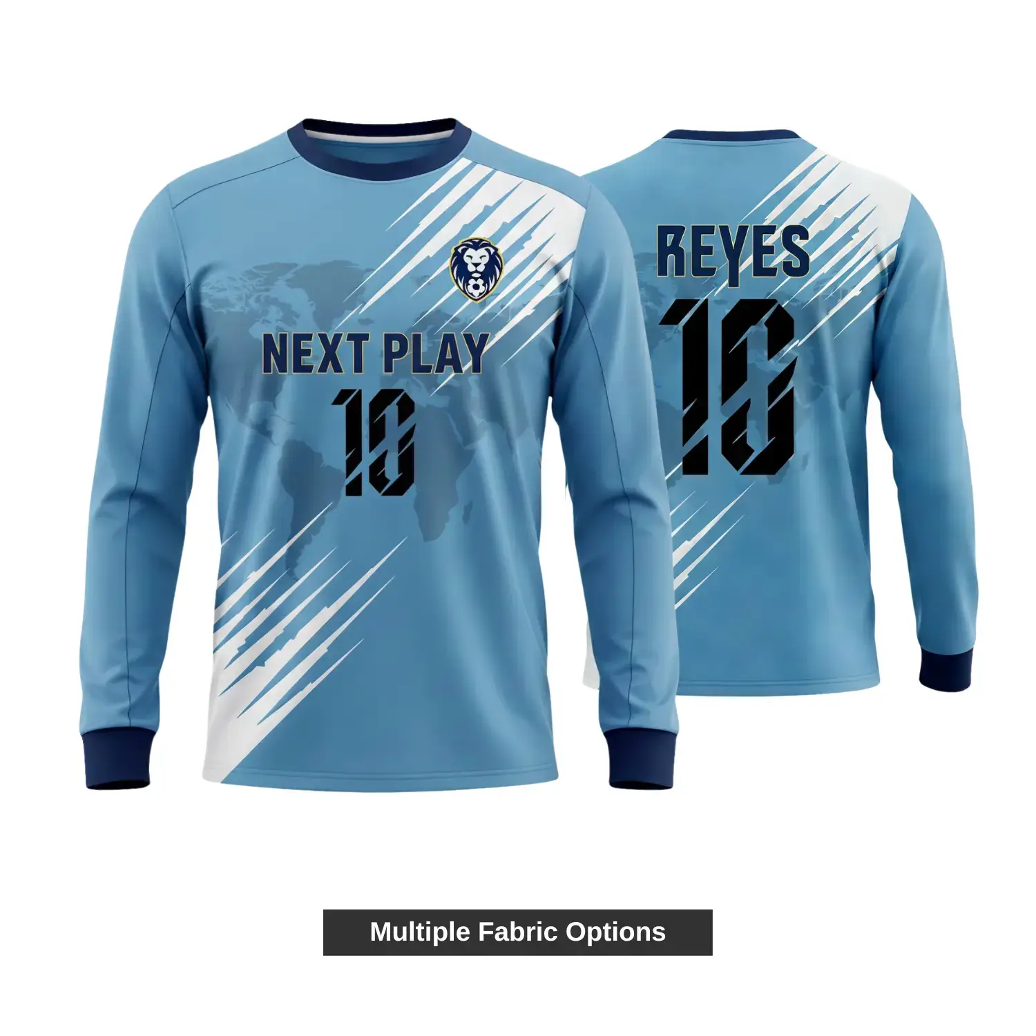 Custom full sublimation long sleeve soccer jersey laid flat, showcasing vibrant edge-to-edge design on premium performance fabric with long sleeves