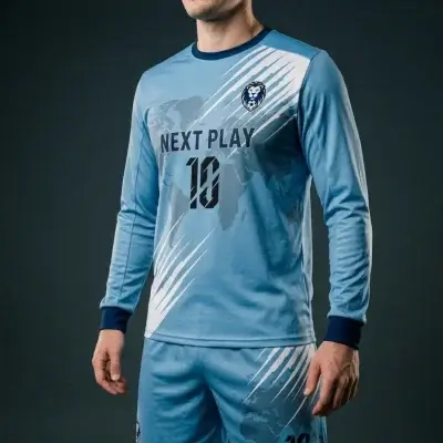 Soccer team wearing custom sublimated long sleeve jerseys during cold weather match or training, showcasing vibrant designs and athletic fit