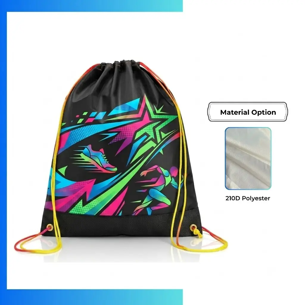Custom Dye Sublimation Drawstring Bag 15×18 – 210D Polyester Gym Sack with Leather Reinforced Bottom