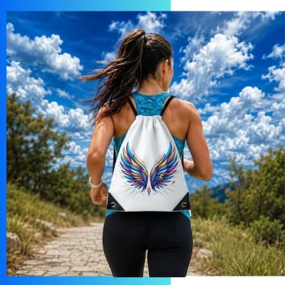 Alternative view of Custom 210D Drawstring Bag with Single Color Screen Printing – Promotional Gym Backpack with Leather Bottom Accent