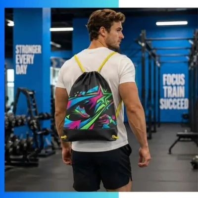Alternative view of Custom Dye Sublimation Drawstring Bag 15×18 – 210D Polyester Gym Sack with Leather Reinforced Bottom
