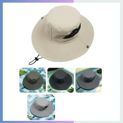 Unstructured polyester bucket hat 9cm full circle brim adjustable drawstring windproof outdoor sun hat
