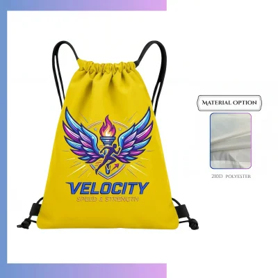 Custom 210D drawstring bag with strap ear bottom loops, screen print heat press logo for school gym promo events