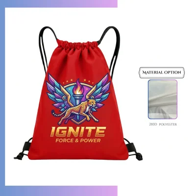 Premium 210D drawstring bag, strap ear reinforced loops bottom, custom screen print heat press for corporate promo events