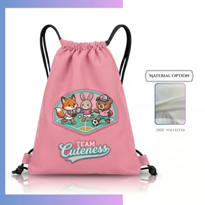 210D drawstring bag with front zipper pocket, custom screen print heat press logo for school gym promo