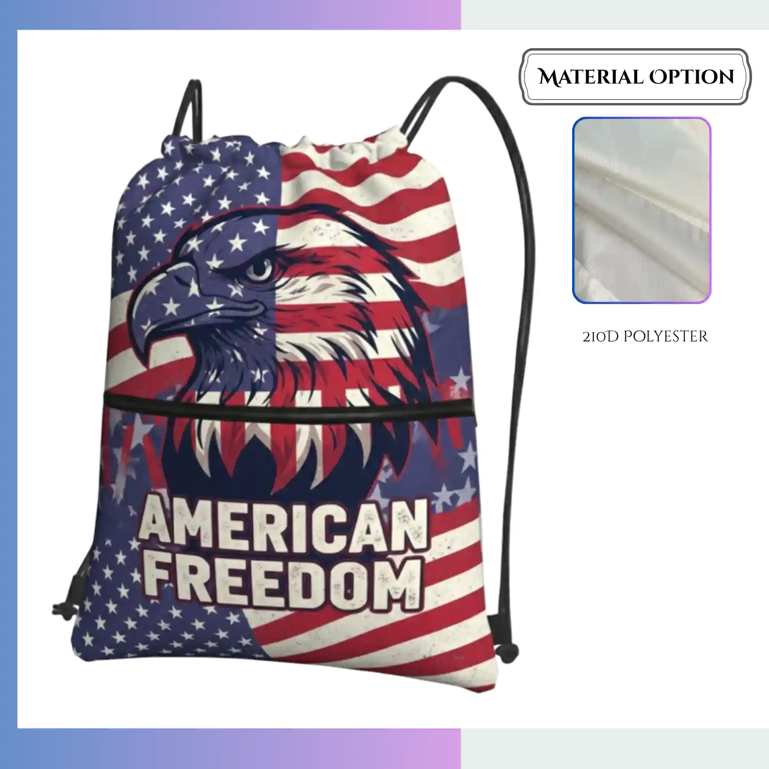 Custom Dye Sublimation Drawstring Bag with Front Zipper Pocket – 13.5”x16.5” 210D Polyester Promotional Backpack