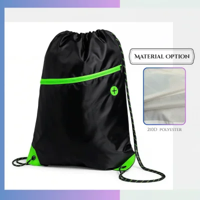Tall profile 210D polyester drawstring bag, custom screen print & heat press promotional sack bag