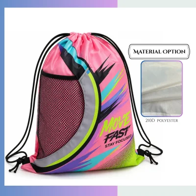 Extra large wide 210D polyester drawstring sack, custom screen print & heat press sports promo bag