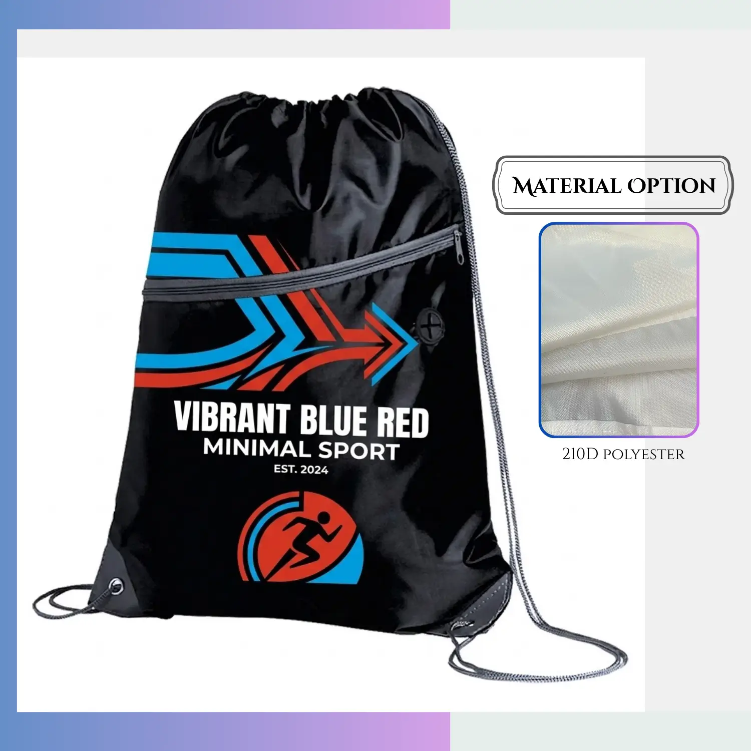 Tall 210D polyester drawstring bag, custom screen print heat press sports promotional sack