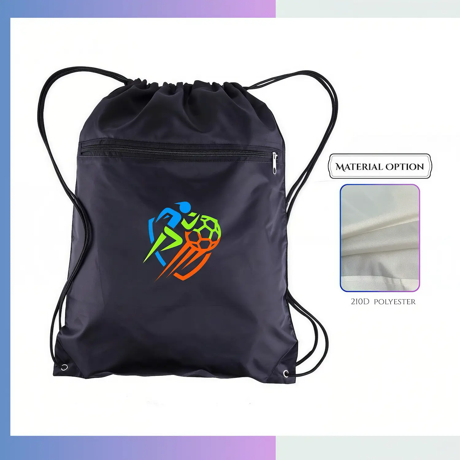 Tall 210D polyester drawstring bag custom logo sports promotional sack