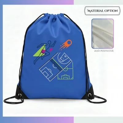210D sublimation drawstring bag with non-woven reinforced bottom, custom all-over print for school sports promo