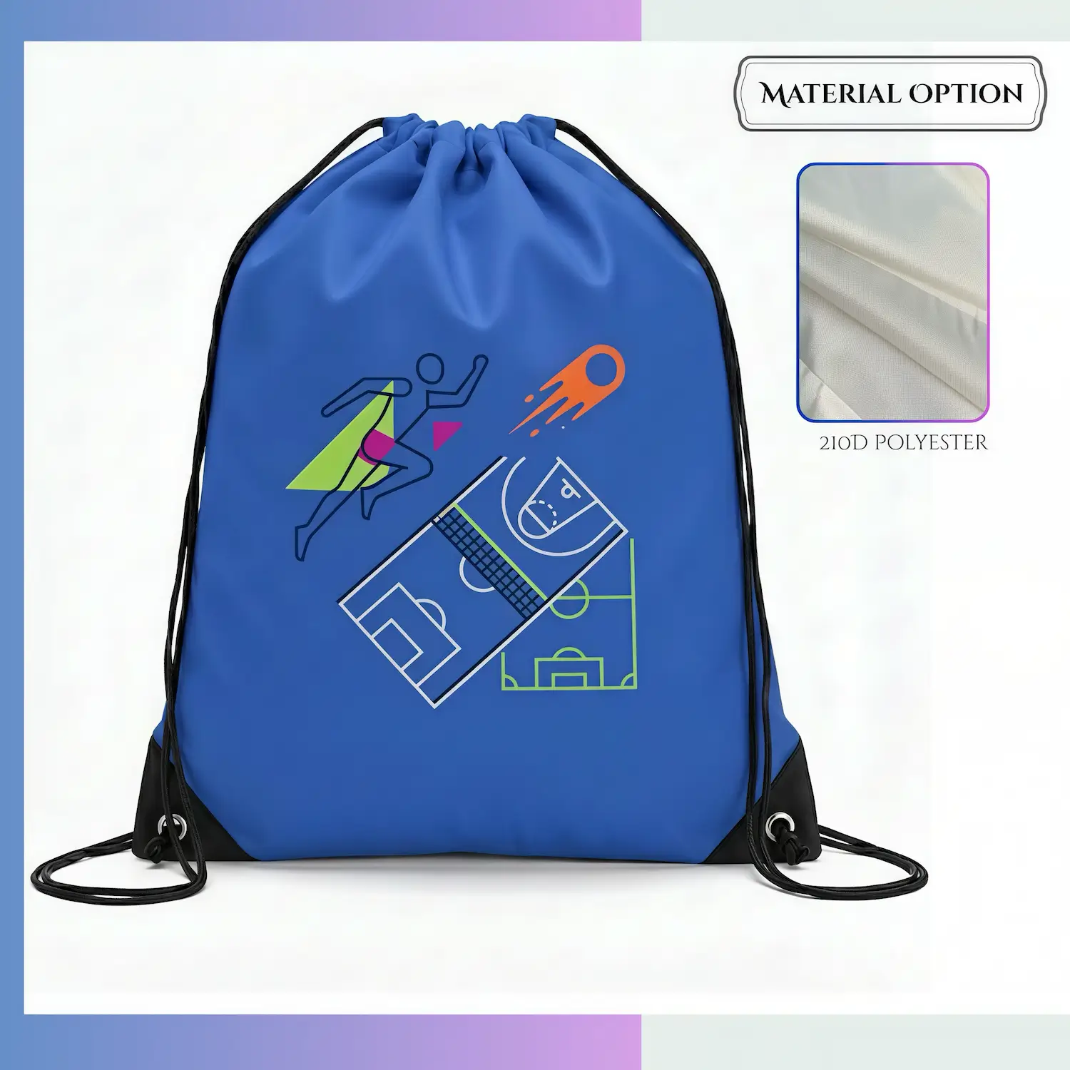 210D sublimation drawstring bag with non-woven reinforced bottom, custom all-over print for school sports promo
