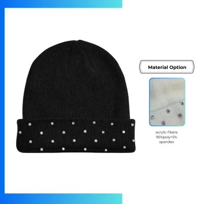Custom Jacquard Cuffed Knitted Beanie with Luxury Stone Accent | Acrylic Spandex Winter Hat