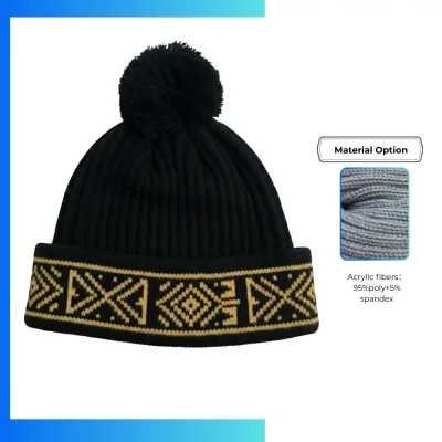 Custom Pom Pom Striped Knitted Cuffed Beanie | Jacquard Winter Hat with 9cm Pom Pom