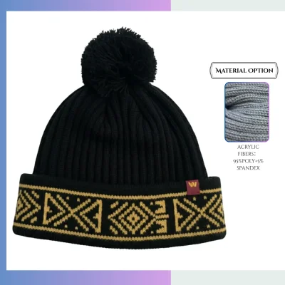 Custom jacquard stripe pom pom beanie 9cm fluffy ball kids holiday winter beanie