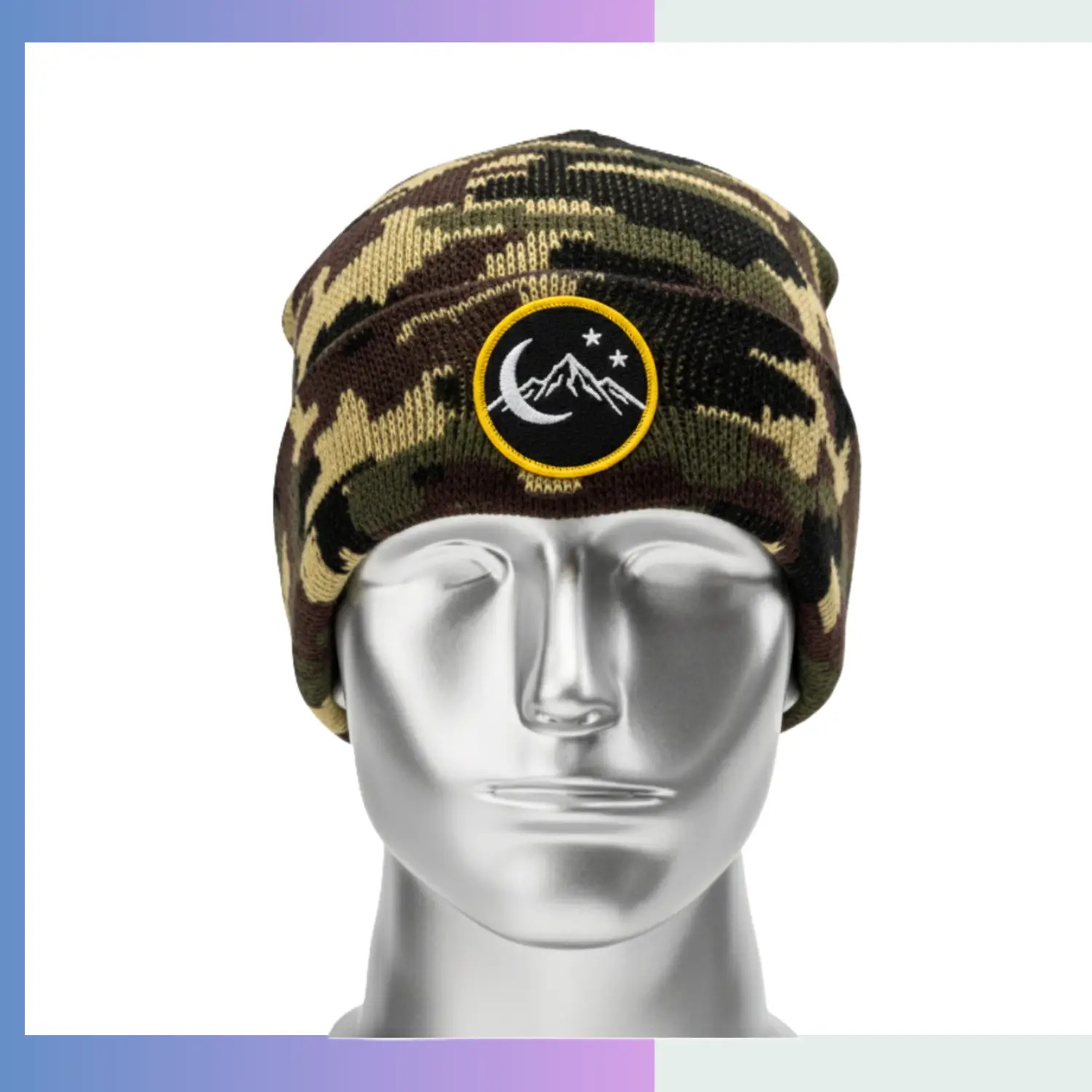 Stock jacquard camo beanie 100% acrylic cuffed design custom logo embroidery patch