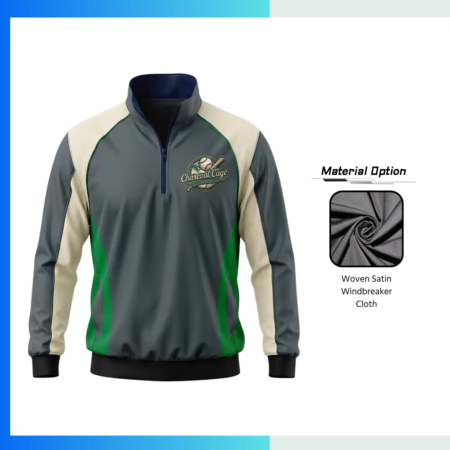 Custom Long Sleeve Satin Quarter Zip Baseball Windbreaker – 3D Embroidery Team Jacket