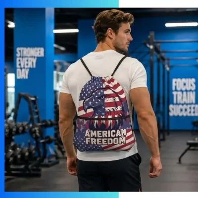 Alternative view of Custom Dye Sublimation Drawstring Bag with Front Zipper Pocket – 13.5”x16.5” 210D Polyester Promotional Backpack
