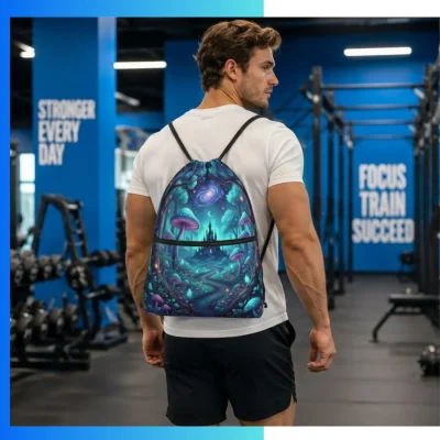 Alternative view of Large Custom Dye Sublimation Drawstring Bag with Front Zipper Pocket – 15”x18” 210D Polyester Promotional Backpack