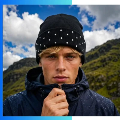 Alternative view of Custom Jacquard Cuffed Knitted Beanie with Luxury Stone Accent | Acrylic Spandex Winter Hat