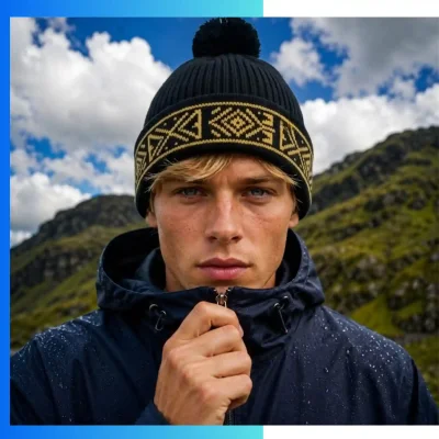 Alternative view of Custom Pom Pom Striped Knitted Cuffed Beanie | Jacquard Winter Hat with 9cm Pom Pom