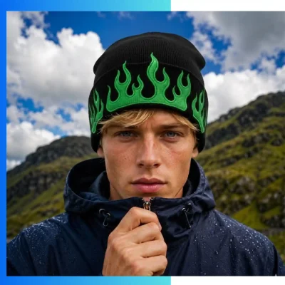 Alternative view of Unisex Flame Jacquard Knitted Beanie – Stretch Fit Acrylic Spandex Winter Hat for Streetwear & Skate Brands
