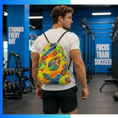 Alternative view of Large Custom Dye Sublimation Drawstring Bag 15×18 – 210D Polyester Gym Sack with Strap Ear Design