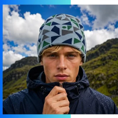 Alternative view of Letter Graphics Jacquard Knitted Beanie – Custom Logo Embroidery Winter Stretch Hat