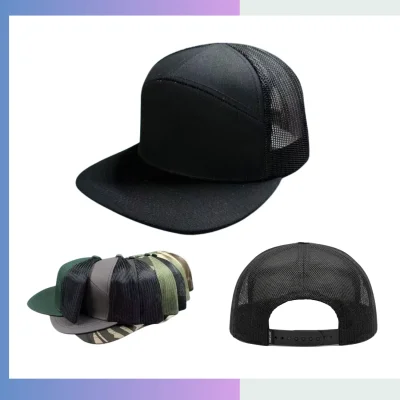All-black trucker cap structured cotton twill front breathable mesh back adjustable snap