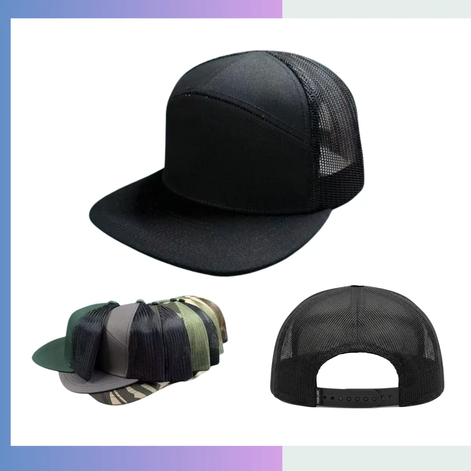 All-black trucker cap structured cotton twill front breathable mesh back adjustable snap