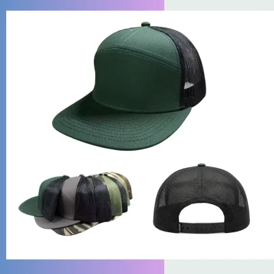 Dark green black trucker cap structured cotton twill front breathable mesh back adjustable snap