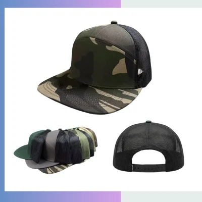 Camo black trucker cap structured cotton twill front breathable mesh back adjustable snap