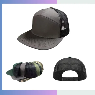 7-panel trucker cap 280gsm cotton twill front thick mesh back flat bill skull hugging fit