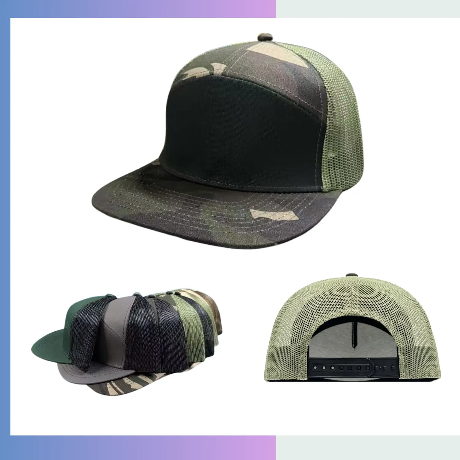 Camo olive trucker cap structured cotton twill front breathable mesh back adjustable snap